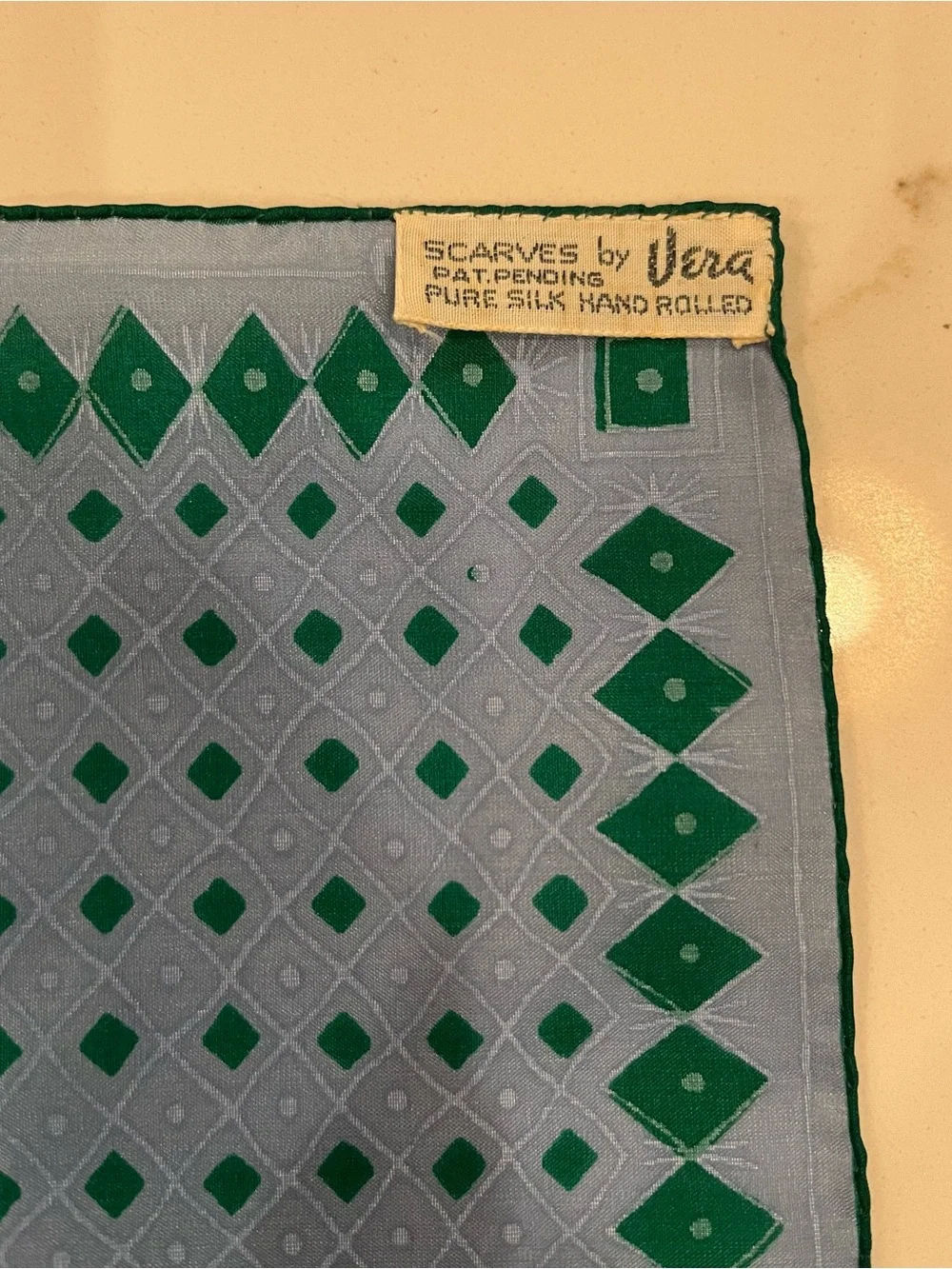 Vintage Vera blue and green pure silk hand rolled scarf